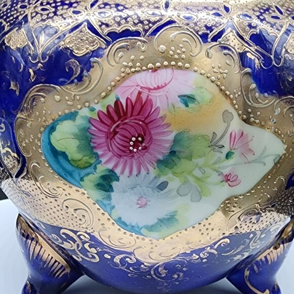 Antique Porcelain Biscuit Jar Hand-Painted Cobalt Blue & Gold Porcelain Lidded - Picture 11 of 13